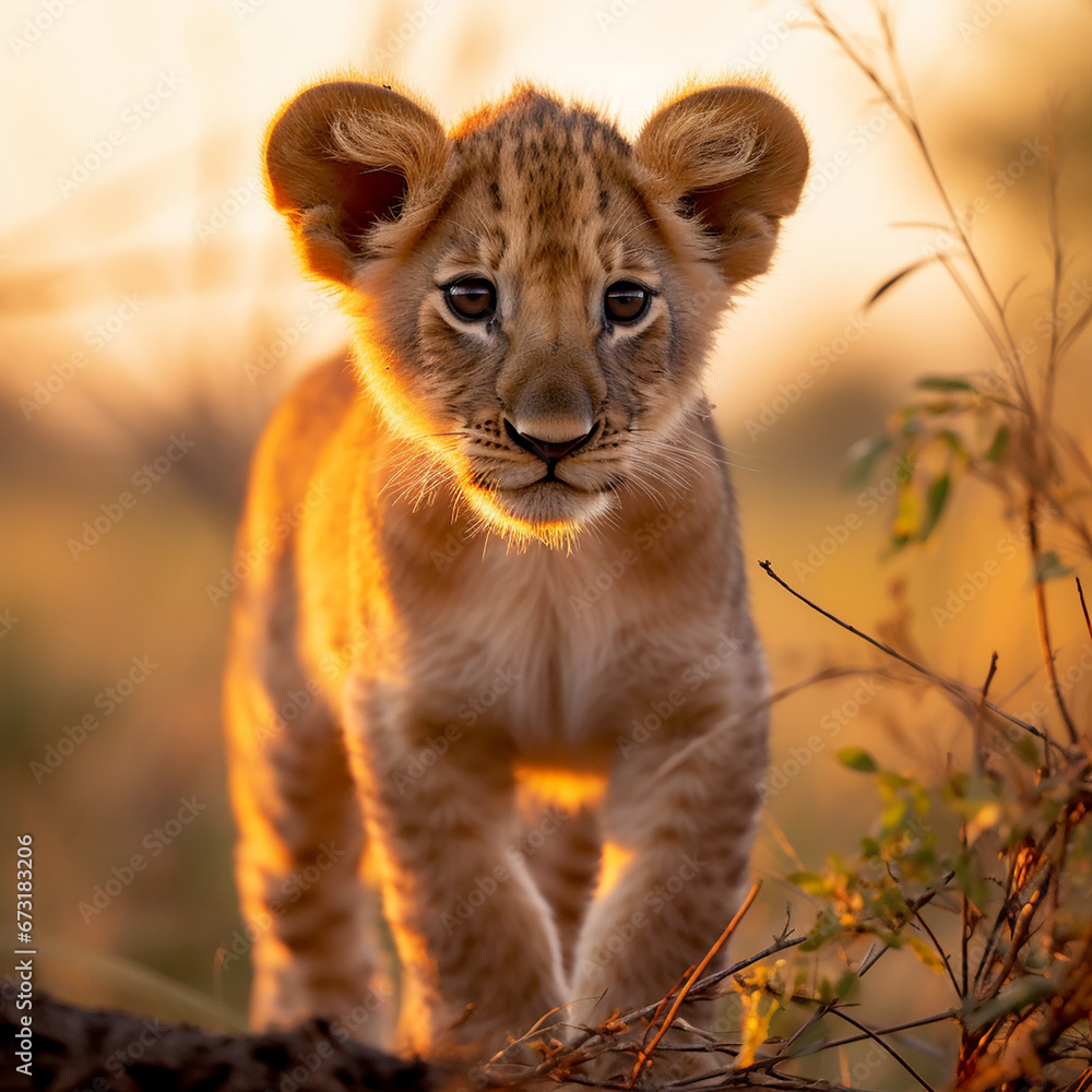 Obraz premium a young lion cub, his fur a rich golden hue, standing in the heart of the African savannah created with Generative Ai