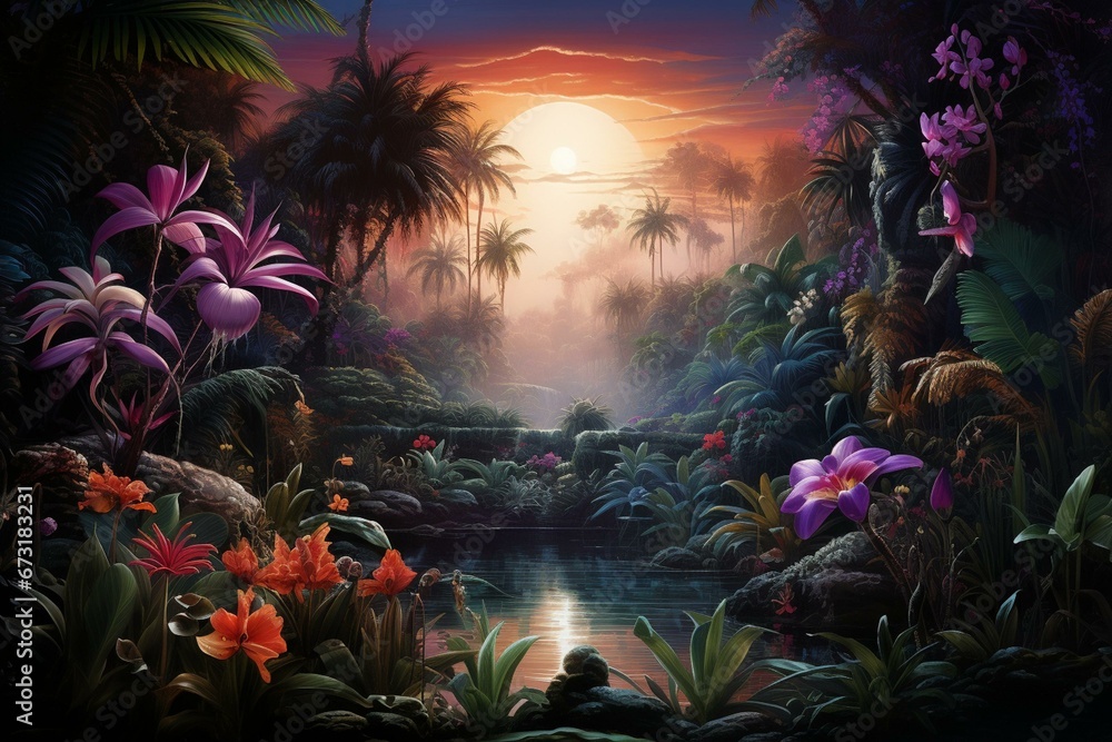 An image with a lively landscape of tropical plants, enclosed within a glowing frame. Generative AI