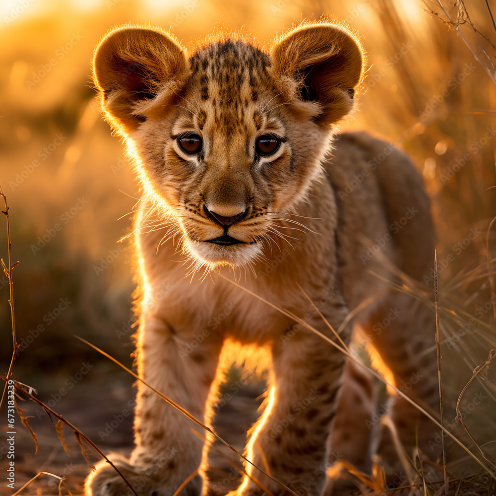 Obraz premium a young lion cub, his fur a rich golden hue, standing in the heart of the African savannah created with Generative Ai