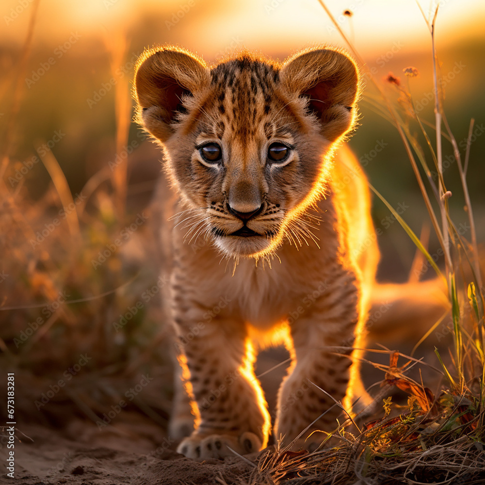 Obraz premium a young lion cub, his fur a rich golden hue, standing in the heart of the African savannah created with Generative Ai