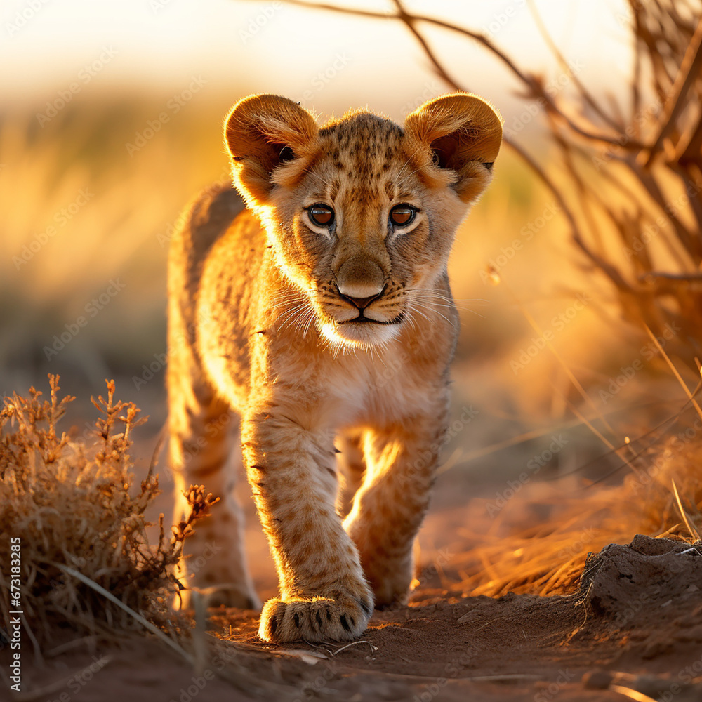 a young lion cub, his fur a rich golden hue, standing in the heart of the African savannah created with Generative Ai a young lion cub, his fur a rich golden hue, standing in the heart of the African savannah created with Generative Ai