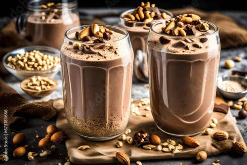 A close-up of a glass filled with a creamy  chocolate and peanut butter protein shake  garnished with crushed nuts.
