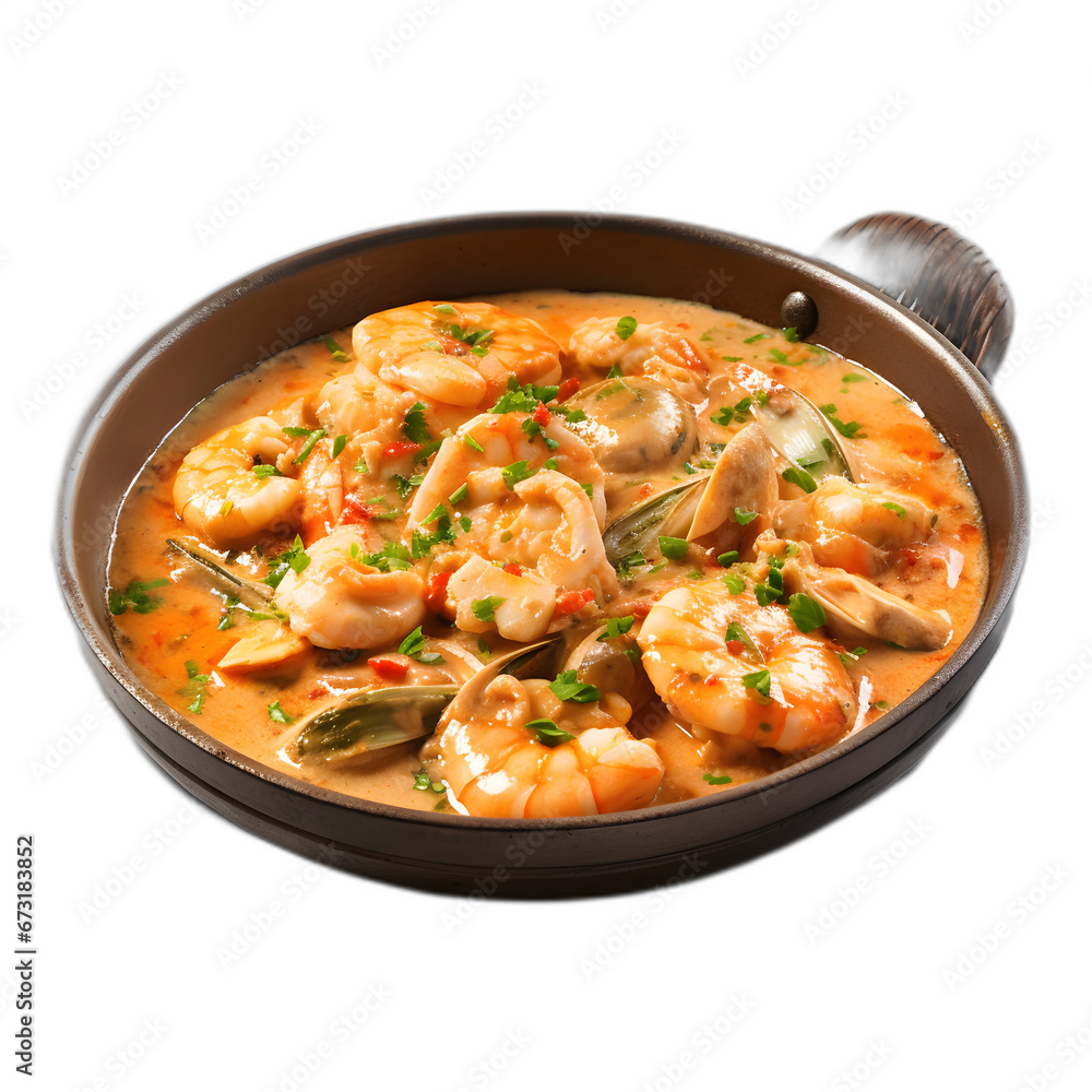 Seafood in garlic sauce isolated on transparent or white background, png