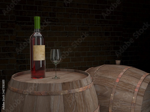 bottle and glass of wine stands on a wooden barrel in a wine cellar . 3D render
