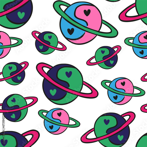 planet with philosophical symbol and asteroid belt in vector.pattern with a subcultural object. seamless pattern for fabric, background, print. Series of teenage patterns and icons