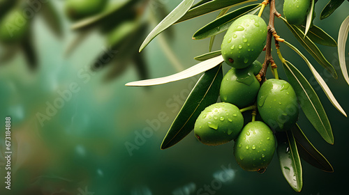 Branch of olive fruit with water drops and green leaves on blurred green background.