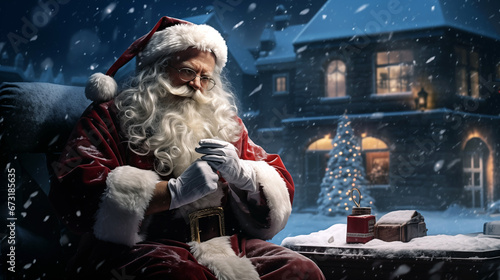 Santa Claus sitting in the yard near the house in the evening. Santa on the street near the Christmas tree during snowfall. Santa Clause portrait. Created using AI generation © Mykhailo Shvets