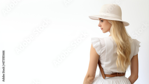 profile view of a woman in white dress and hat