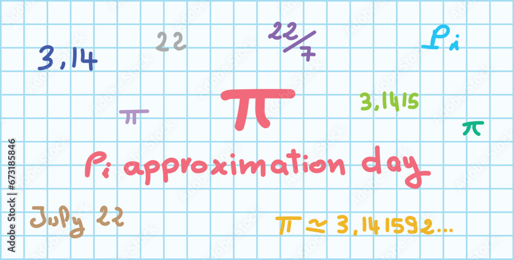 Approximate number of pi. Value of pi in mathematics. Happy international day of mathematics. Mathematical constant pi. Scientific resources for teachers and students. Vector illustration.