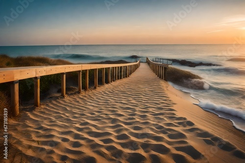 a footbridge crosses a sandy beach by the sea