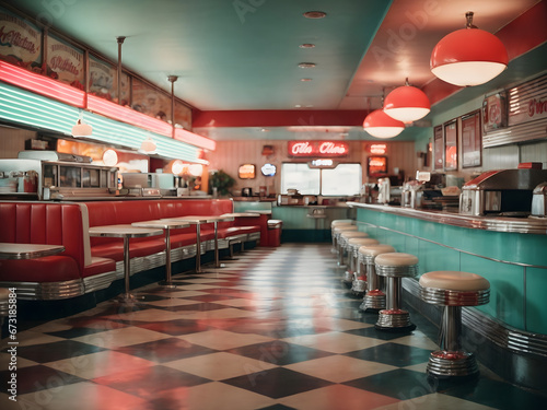 A vintage, retro diner with checkered floors, neon signs, and classic jukeboxes, evoking a sense of nostalgia. © xKas