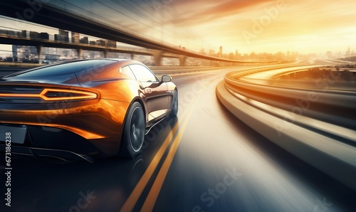 Dusk Drive: Business Car's Speeding Turn Captured in Motion. Generative ai