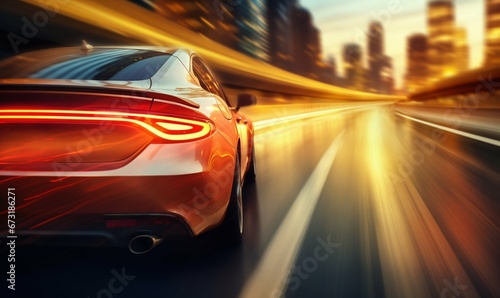 Dusk Drive: Business Car's Speeding Turn Captured in Motion. Generative ai © Scrudje