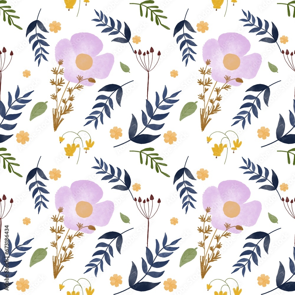 Fototapeta premium Floral fabric pattern. Fabric design with simple flowers, floral repeated ditsy pattern for fabric, wallpaper or wrap paper or ceramic textile 