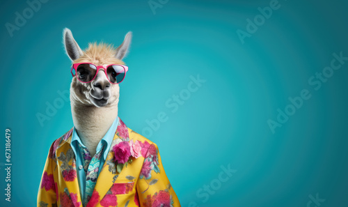 Fototapeta Naklejka Na Ścianę i Meble -  Cool looking llama or alpaca wearing funky fashion dress - jacket, tie, glasses. Wide banner with space for text at side. Stylish animal posing as supermodel. Generative AI