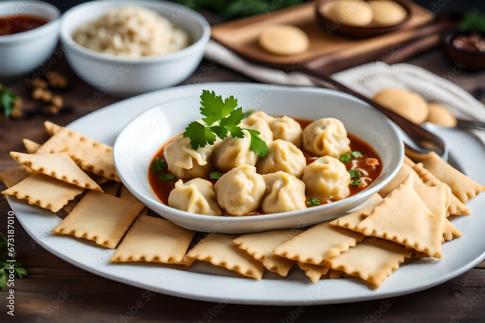 dumplings and crackers with white plates