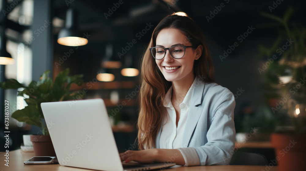 Happy business woman using laptop and sitting at workplace in modern office. Happy business woman using laptop and sitting at workplace in modern office.