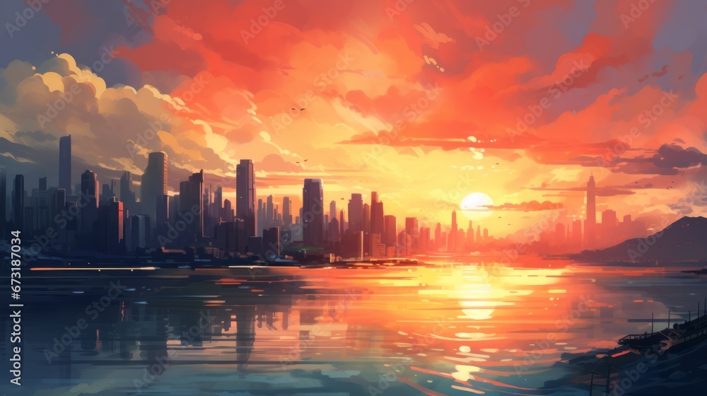 Beautiful city landscape background. Cartoon summer sunset with clouds and lake. Anime style