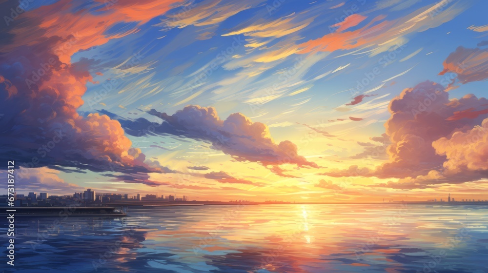Fototapeta premium Beautiful city landscape background. Cartoon summer sunset with clouds and lake. Anime style