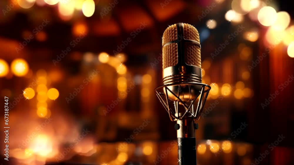 Music background with microphone on animated blur background stage. Loop animation. One minute