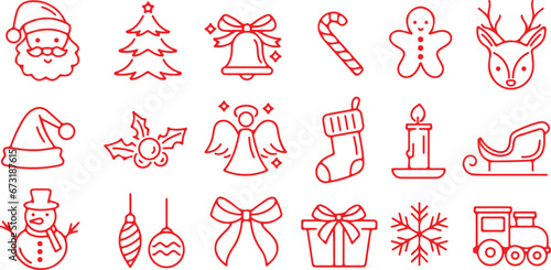Pixel perfect icon set of christmas, xmas, ornament, decoration,  decor, Santa Claus, tree, gift, celebration. Thin line icons, flat vector illustrations. Isolated on white, transparent background