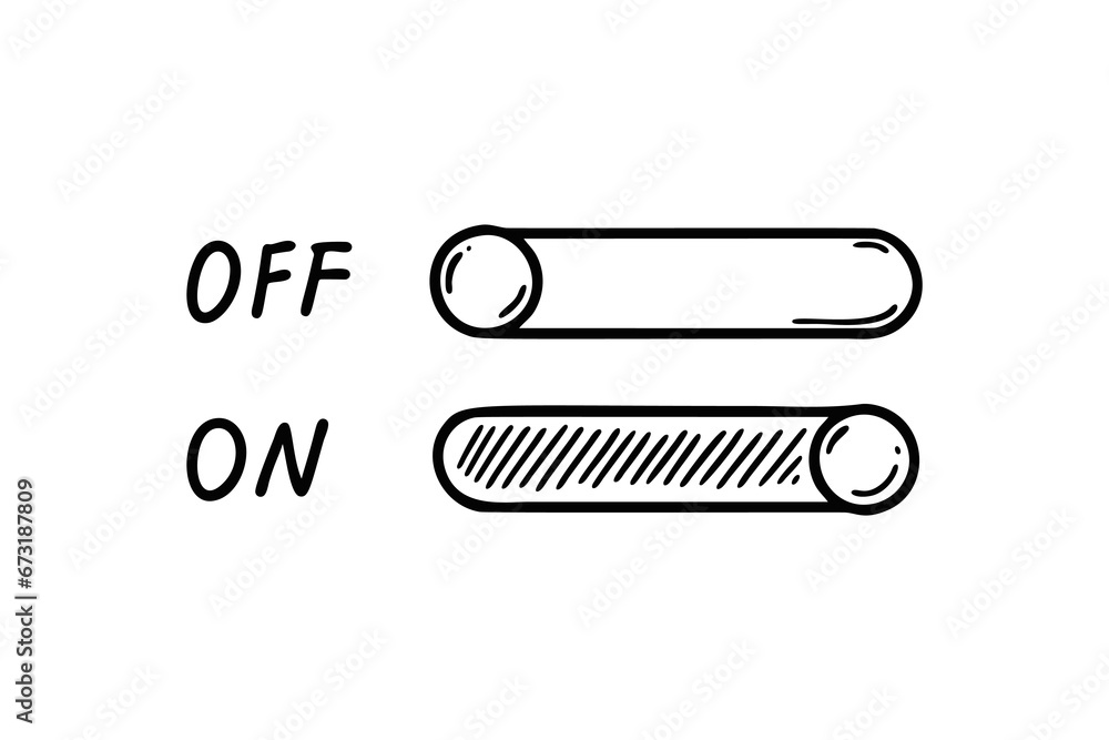 On Off switch doodle button. Active inactive hand drawn slider icon. Ui, app design element. Sketch vector illustration On Off switch doodle button. Active inactive hand drawn slider icon. Ui, app design element. Sketch vector illustration