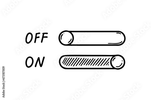 On Off switch doodle button. Active inactive hand drawn slider icon. Ui, app design element. Sketch vector illustration