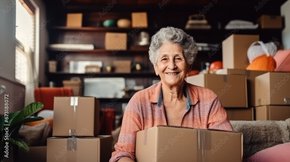 Happy senior middle 60s aged woman at home with card boxes. Relocation, hospice, new home Happy senior middle 60s aged woman at home with card boxes. Relocation, hospice, new home