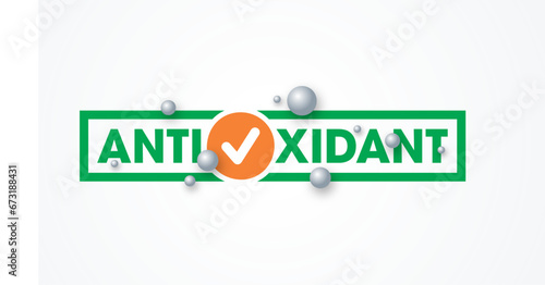 antioxidant logo in green frame. the word antioxidant and gray balls