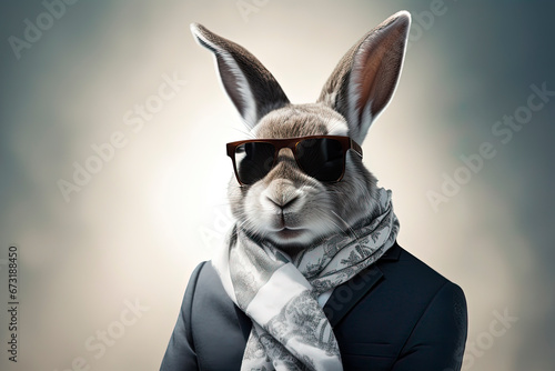 A rabbit wearing sunglasses and a scarf. Generative AI © Oleksandr