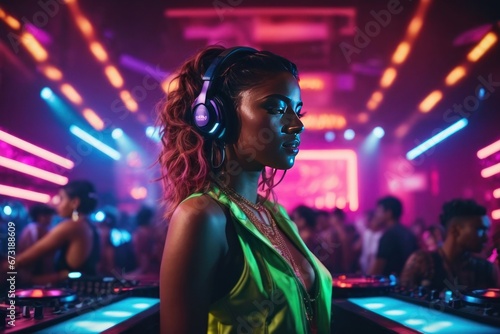 DJ Lady in Neon Wonderland: Mixing Tunes Amidst Neon Lights