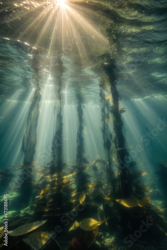 Underwater light beam creating a magical aquatic scene