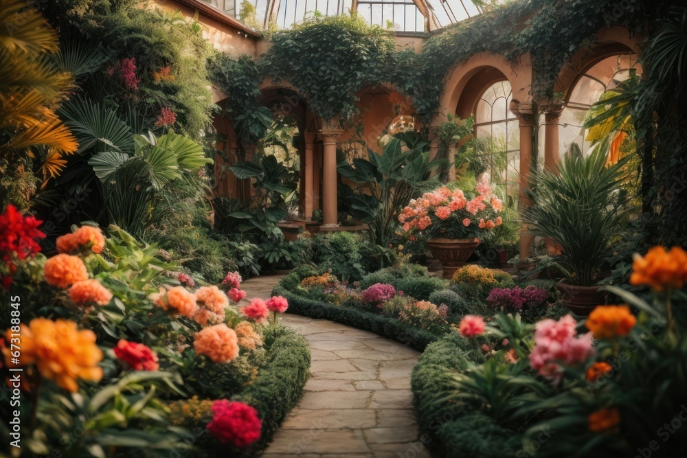 Obraz premium garden with flowers and trees