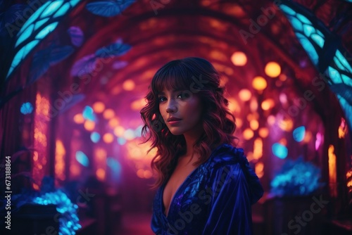 woman standing in vibrant tunnel