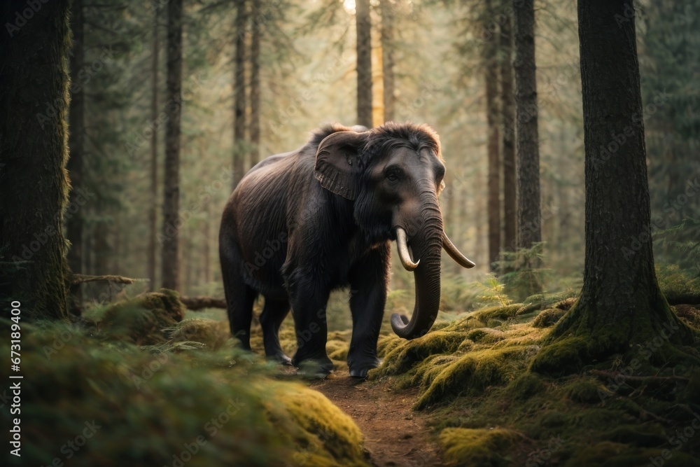 Primeval Scene: A Herd of Mammoth Grazing Among Towering Trees