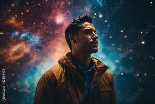 Galactic Gaze: Portrait of a Man with the Cosmos as a Backdrop