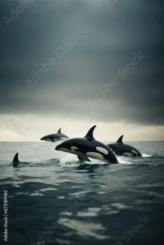 Evening Symphony: Killer Whales Emerge from the Sea in Sunset's Glow © Kinga