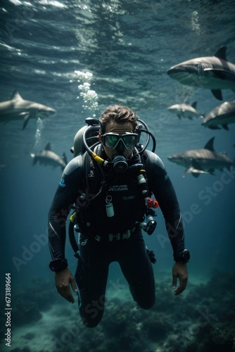 scuba diver in the ocean with sharks