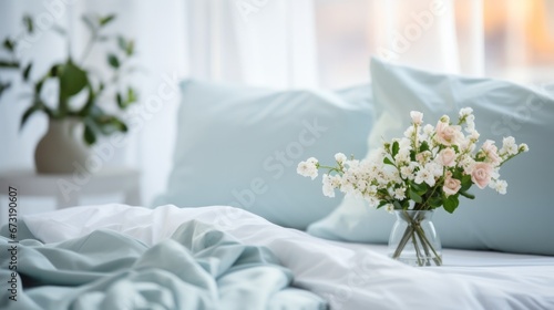 A soft-focus view of fresh white flowers on a tranquil bedroom's blue sheets, radiating calm.