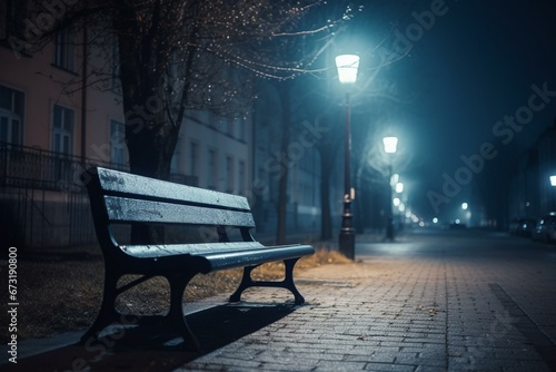 Urban night scene with bench, street light, and blurry lights. Generative AI