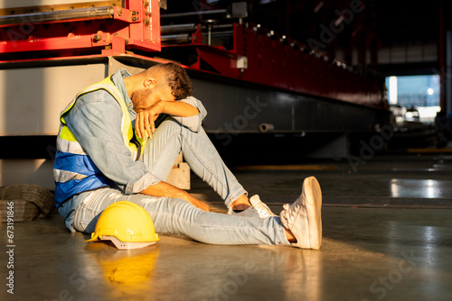 exhausted industrial worker has problem sitting on floor behind machine feeling sick headache injured pain, tired male technician foreman wiping sweat after stressed work in manufacturing factory