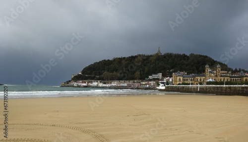 La concha beach in San Sebastian Spain,temporary storm in autumn