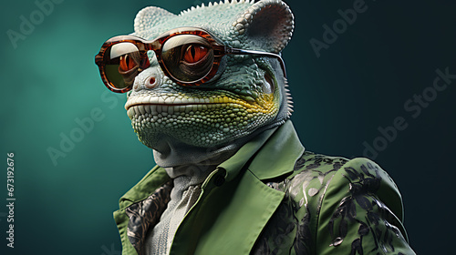 Sunglasses-Wearing Chameleon Posing Against a Solid-Color Backdrop created with generative AI technology