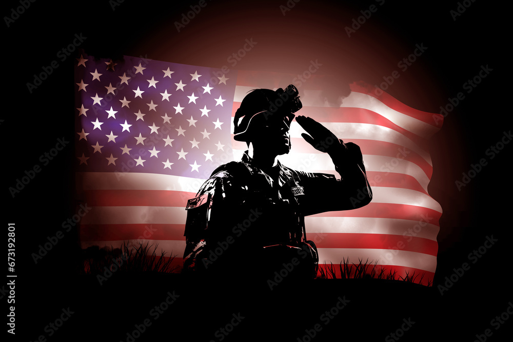 US soldier salutes. American flag behind fighter. Man in military ...