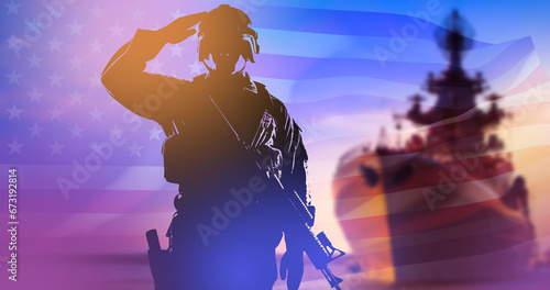 US marine corps. Soldier near warship. Silhouette of man in military equipment. Ship NAVY US. Marine soldier with machine gun. US marine corps training concept. American NAVY. 3d image photo
