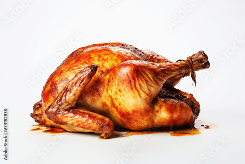 Whole roasted chicken against white background. Grilled chicken