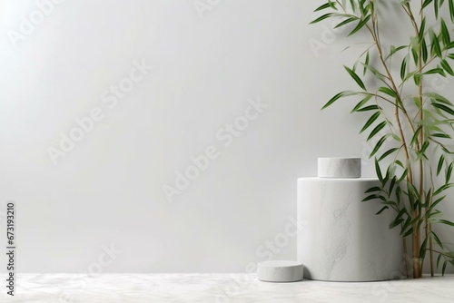 White podium with bamboo leaves on a light gray background. Generative AI © Lando