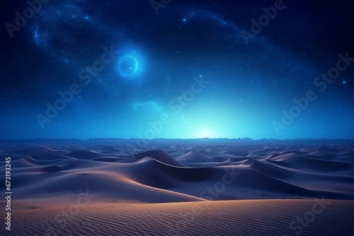 Surreal night scene featuring desert dunes and a navy gradient starry sky. Generative AI