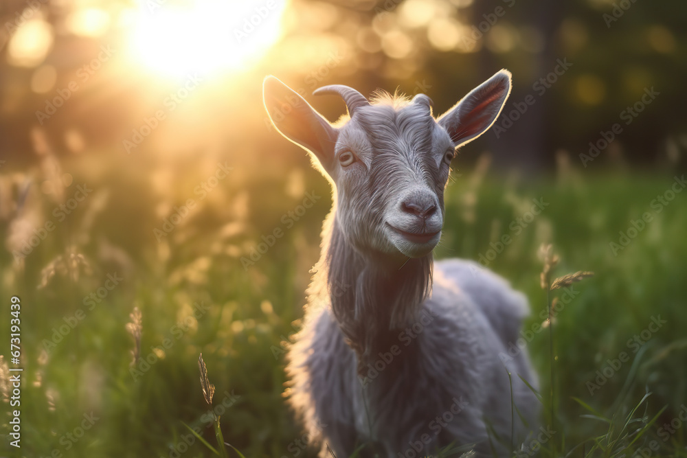 Obraz premium Serene Afternoon: A Goat Resting in the Sunlit Meadow