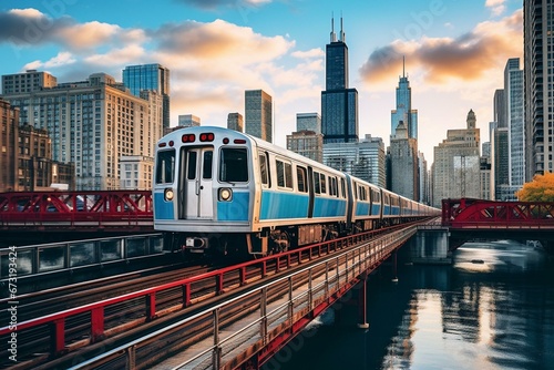 Chicago elevated railway train panorama. Generative AI photo